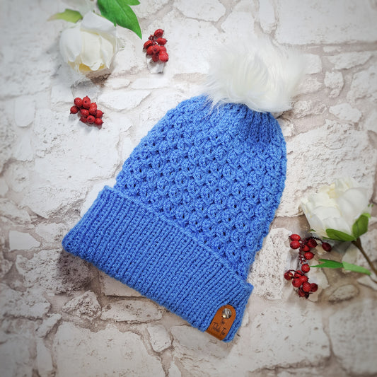 Blue Hand Knit Hat with Pom Pom - Flat View