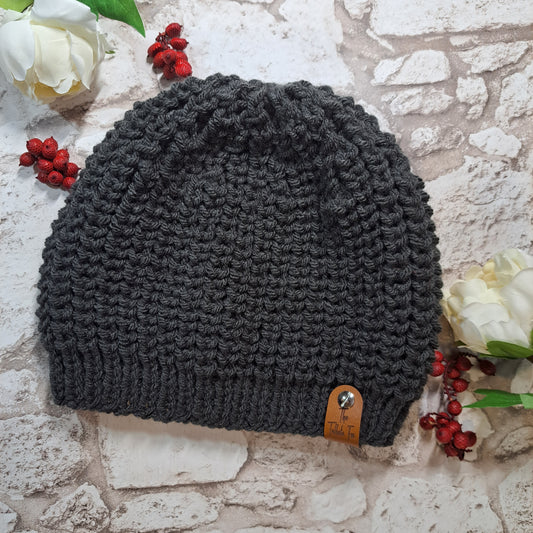 Dark Grey Men's Hand Knit Hat - Flat View