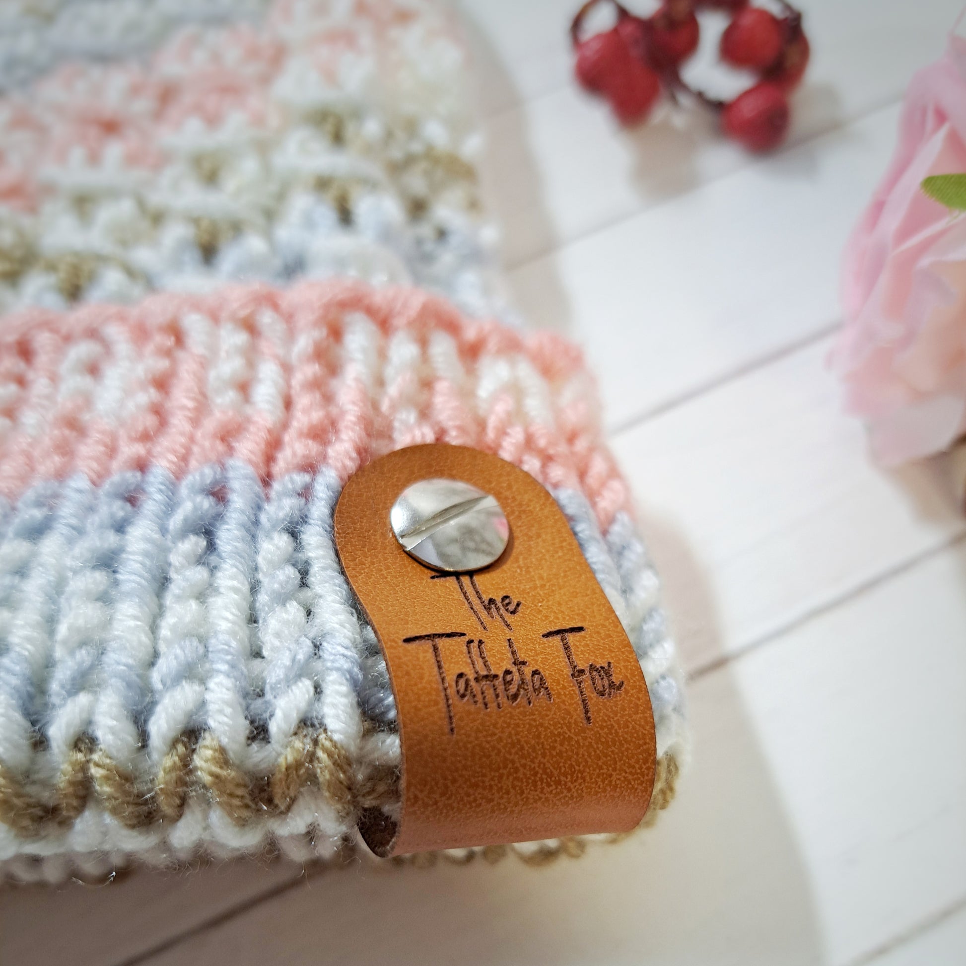 Pink and Brown Hand Knit Hat with Pom Pom - Tag Close Up